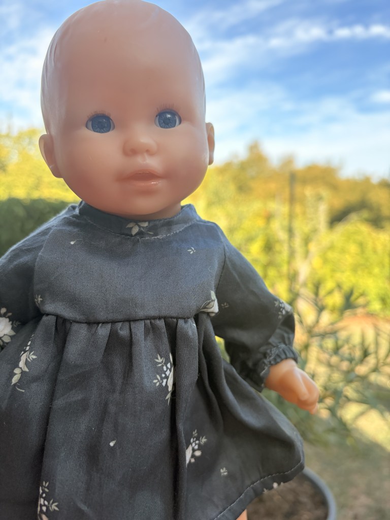 Une poupée avec une tête en plastique, des yeux bleus, portant une robe à fleurs sombres, se tenant à l'extérieur avec un arrière-plan naturel.
